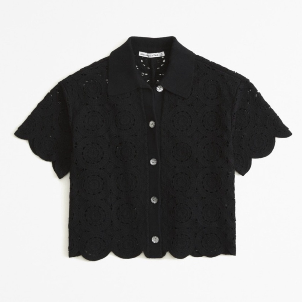 Crochet-Style Mosaic Tile Polo Black Shirt Medium Abercrombie & Fitch